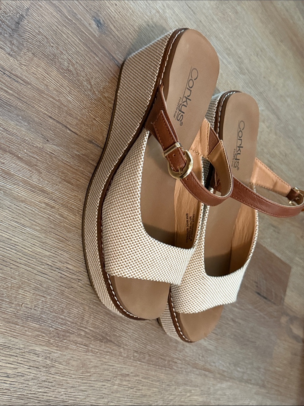 Corkys Cream & Brown Espadrille Wedge Sandals - Picture 2 of 3
